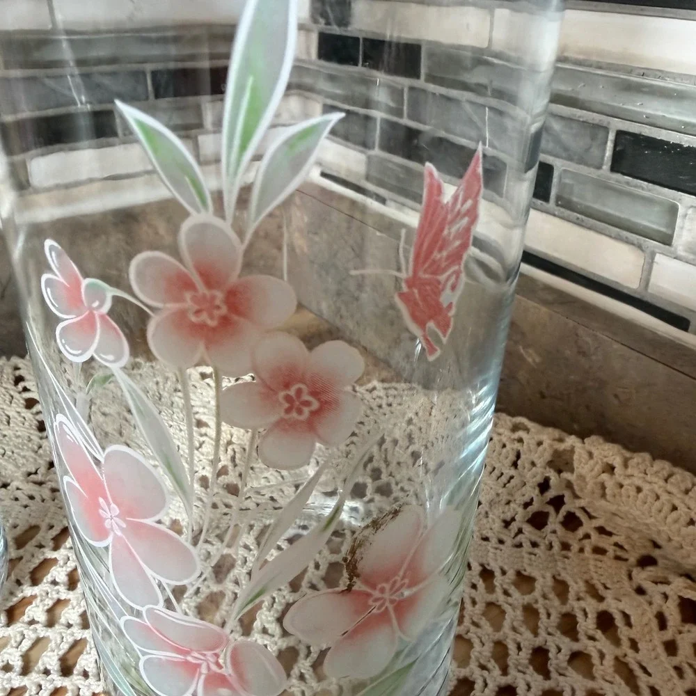 Vtg Crystal Clear Industries Glass Apothecary Jars Set 2 Hand Painted Floral 11